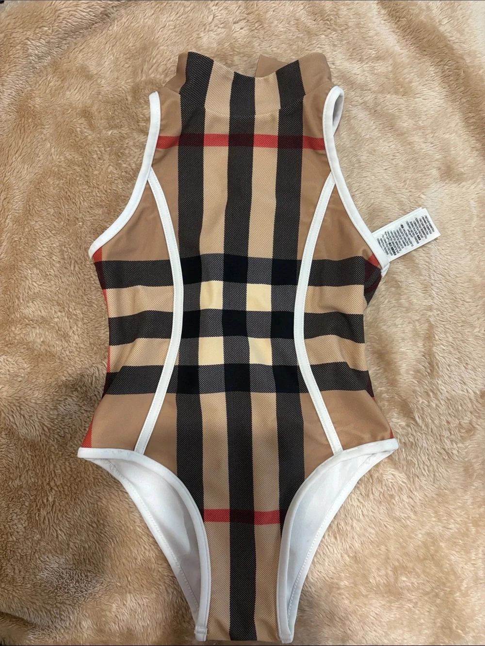 Burberry Beige, Black & Red Plaid Swim Top with White Trim
